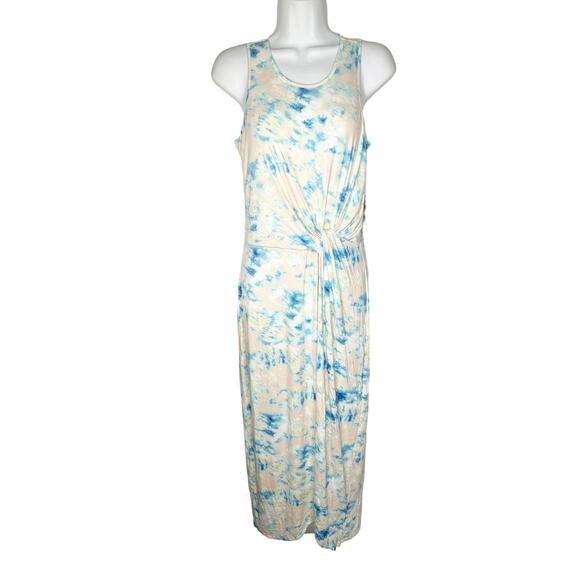 Tart NWT Tie Dye Knot Front Maxi Dress Sz M White Blue Rayon Stretch Sleeveless - Picture 8 of 11